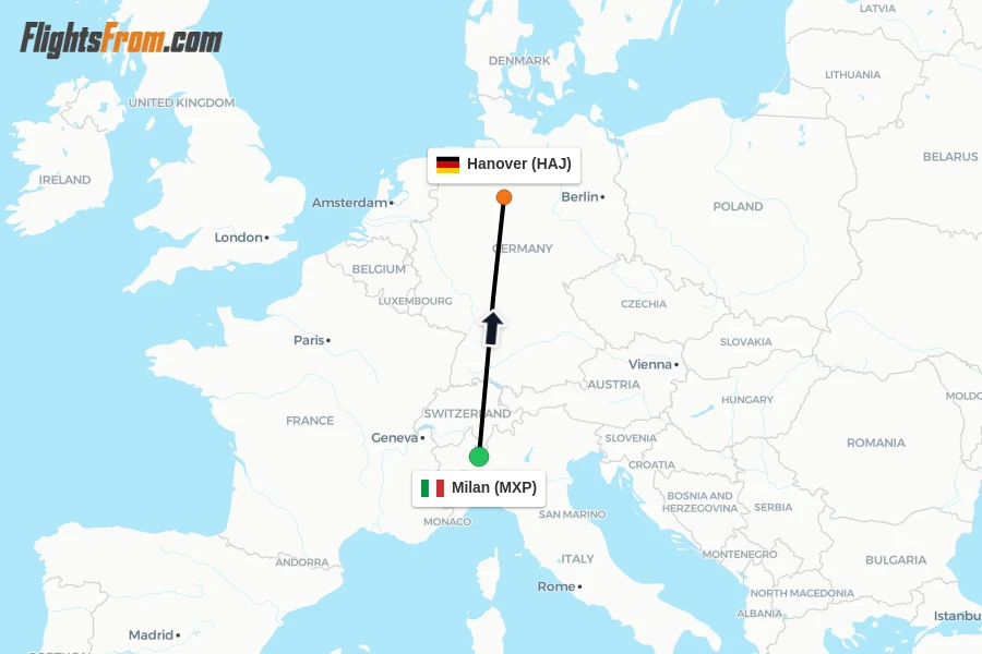 Flights from Milan to Hanover route map