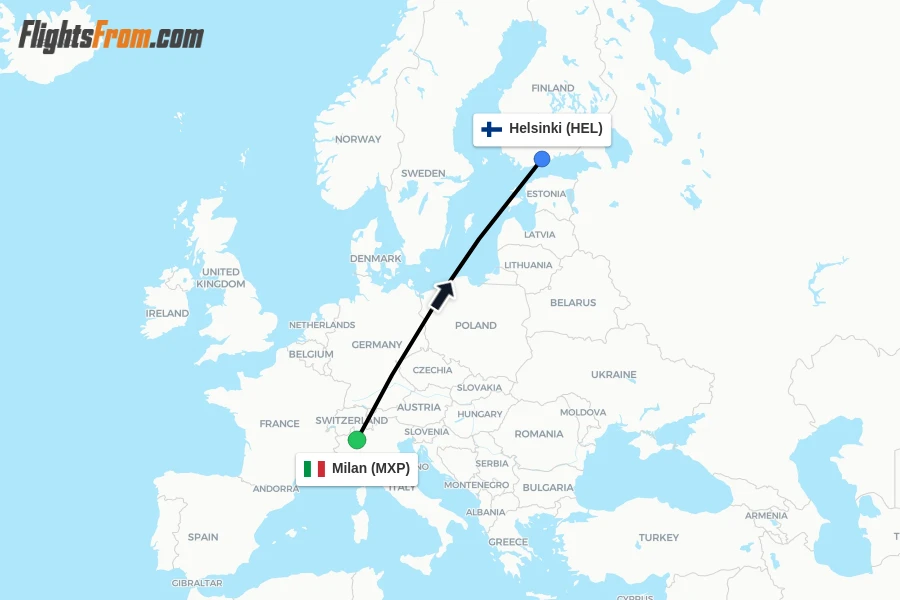 Flights from Milan to Helsinki route map