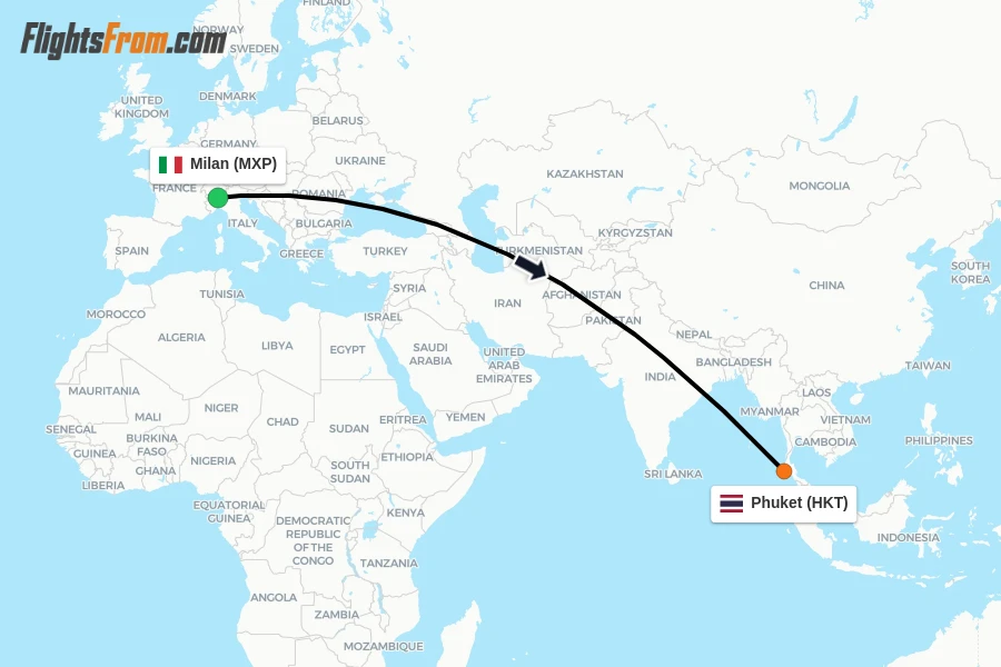 Flights from Milan to Phuket route map