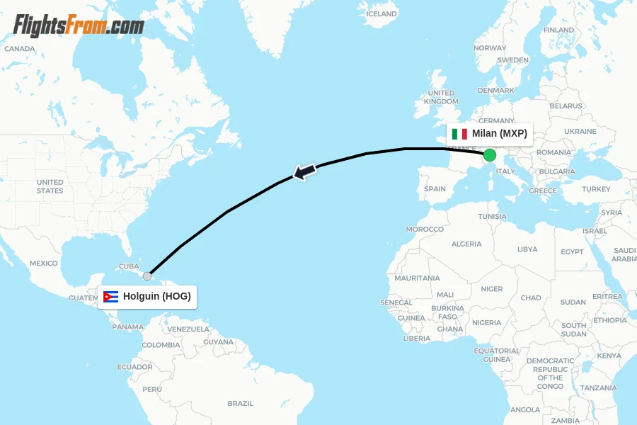 Flights from Milan to Holguin route map