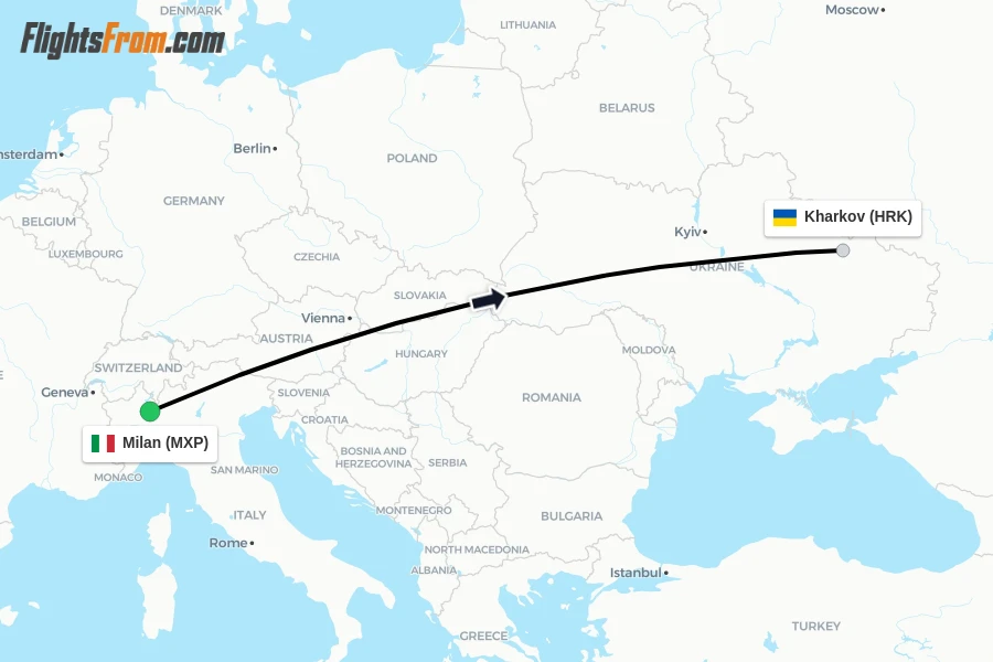 Flights from Milan to Kharkov route map