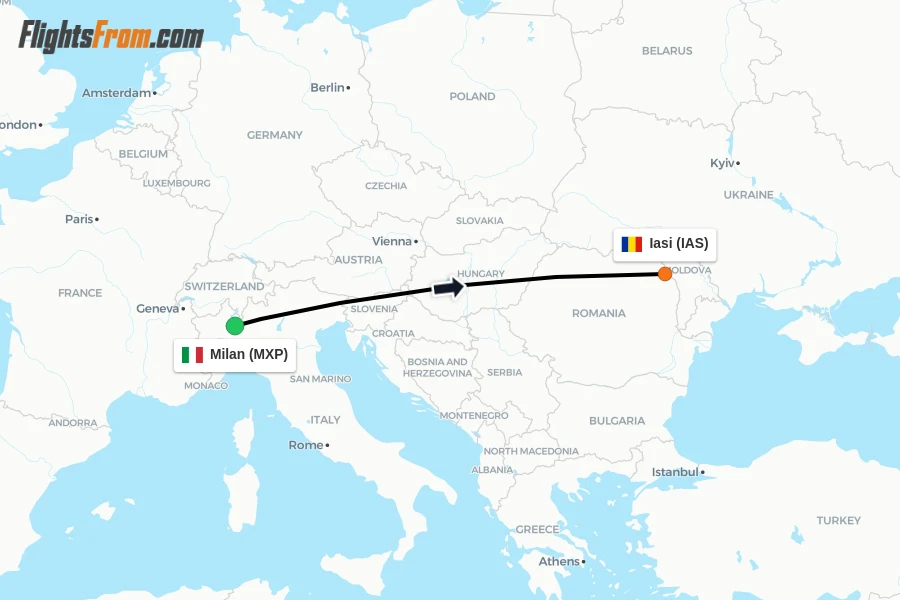 Flights from Milan to Iasi route map