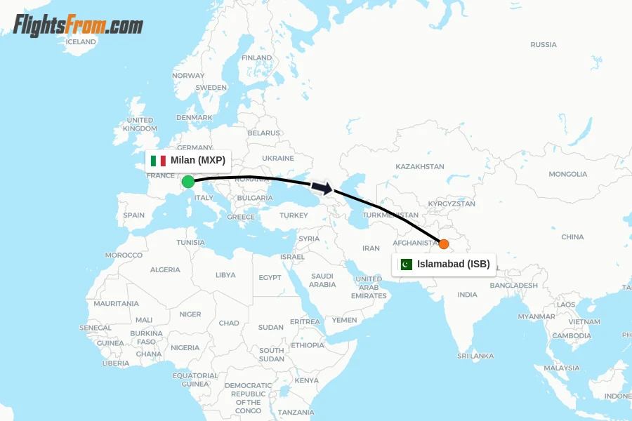 Flights from Milan to Islamabad route map