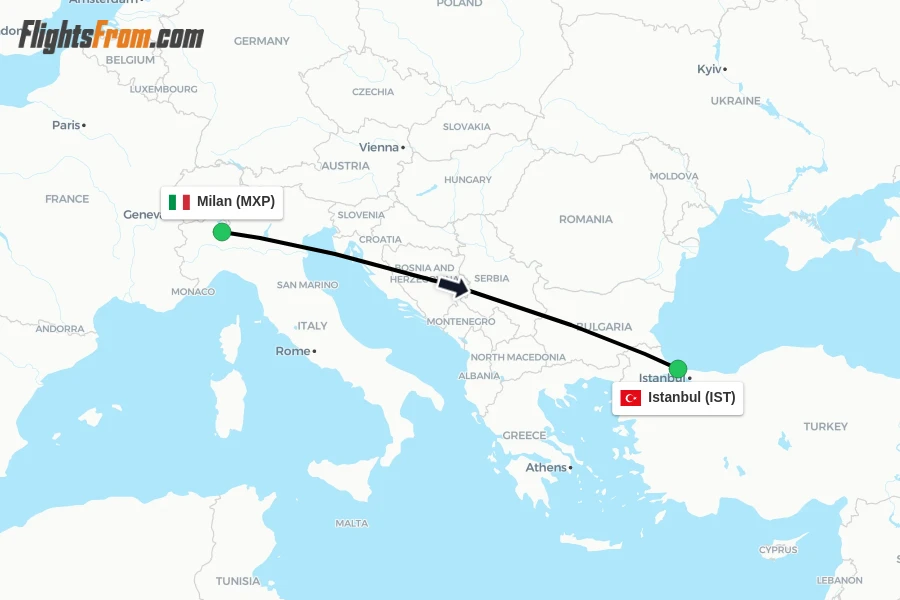 Flights from Milan to Istanbul route map