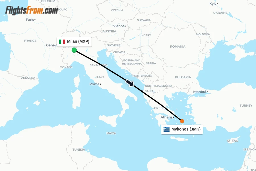 Flights from Milan to Mykonos route map