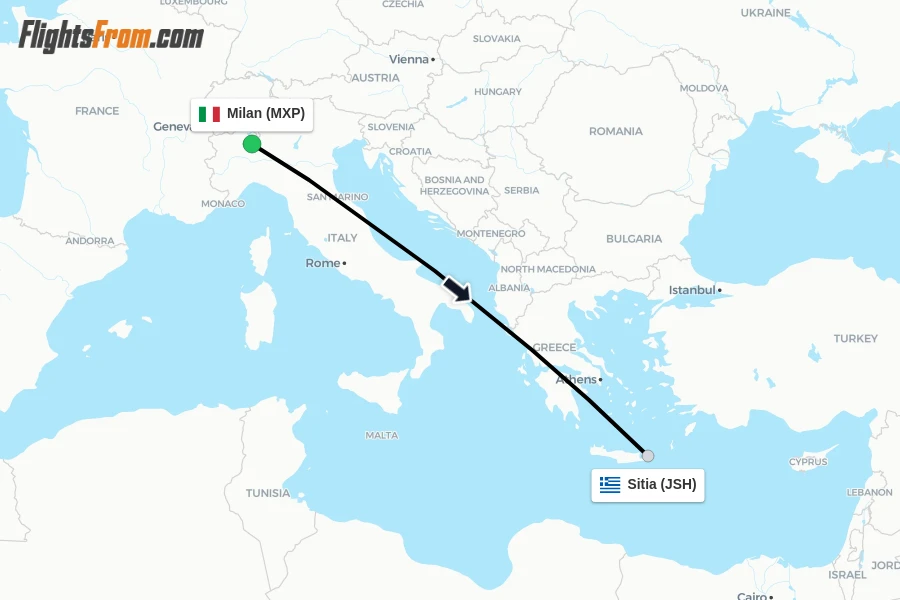 Flights from Milan to Sitia route map