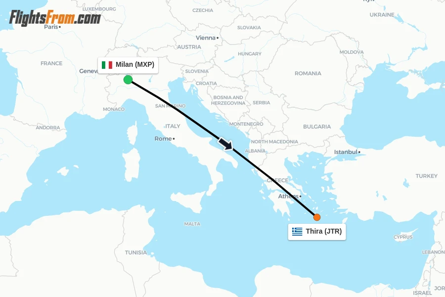 Flights from Milan to Thira route map