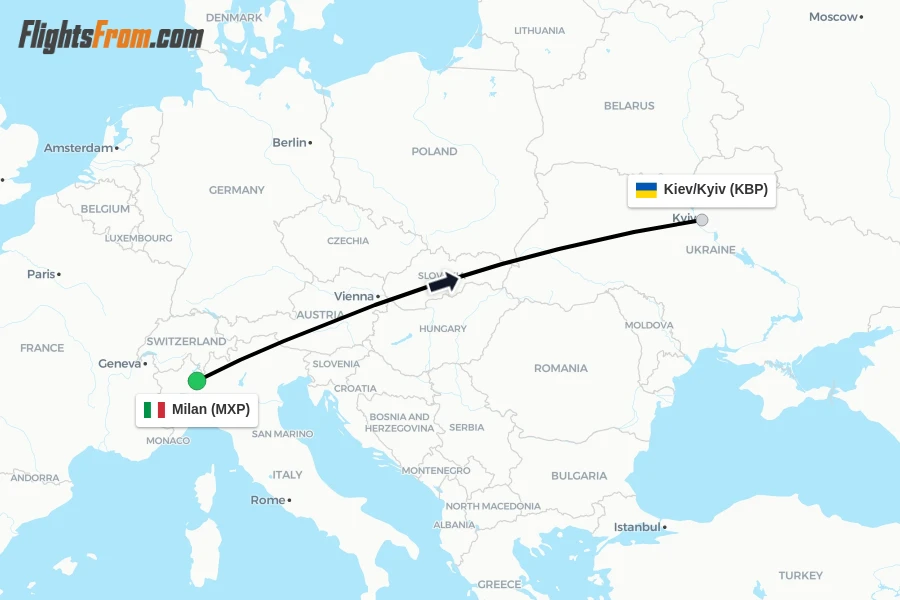 Flights from Milan to Kiev/Kyiv route map