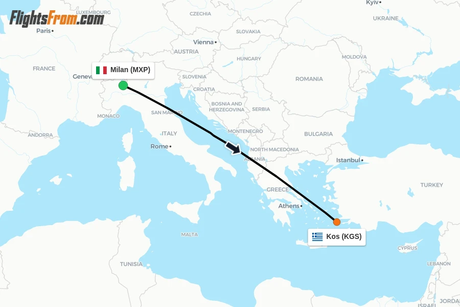 Flights from Milan to Kos route map
