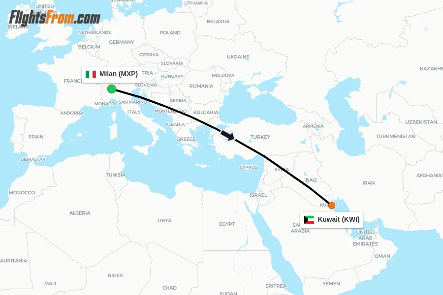 Flights from Milan to Kuwait route map