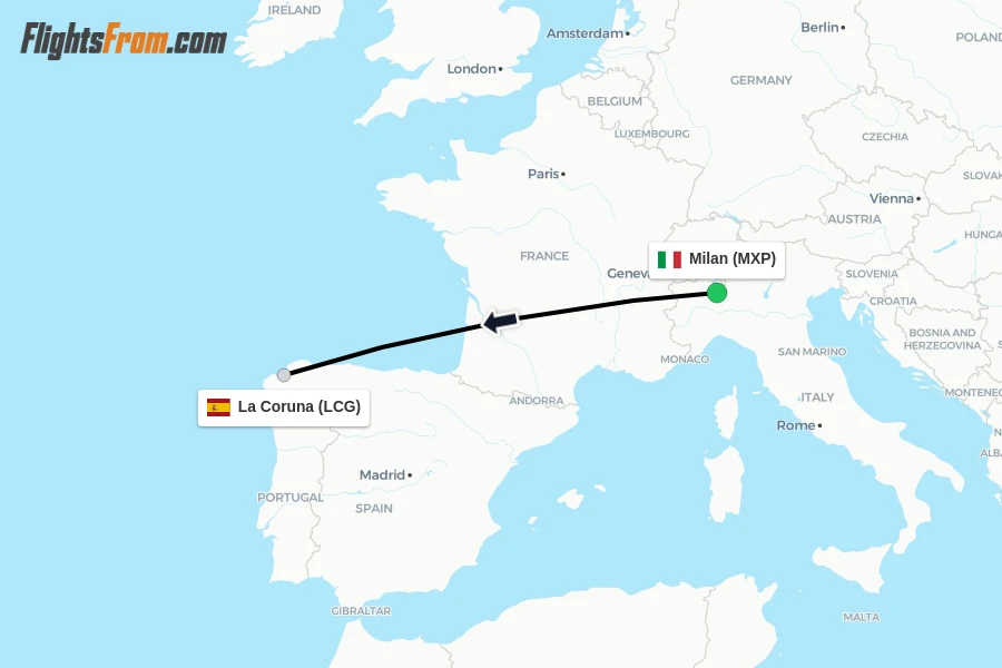 Flights from Milan to La Coruna route map