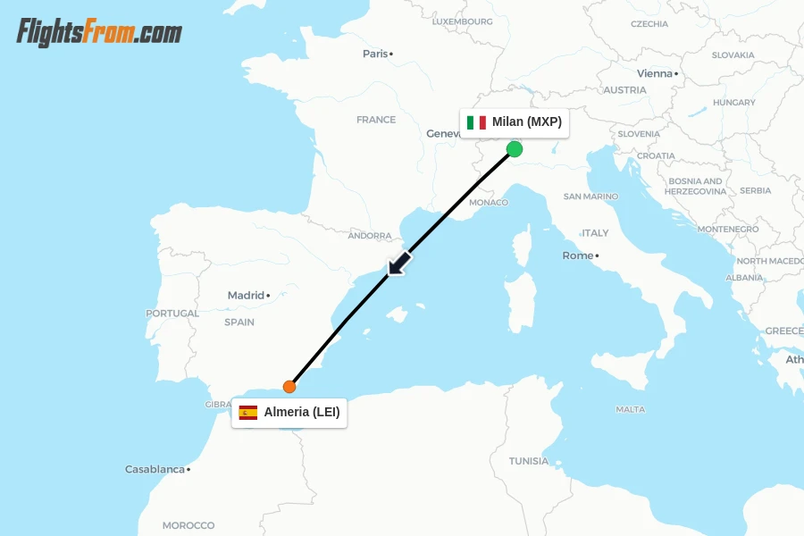 Flights from Milan to Almeria route map
