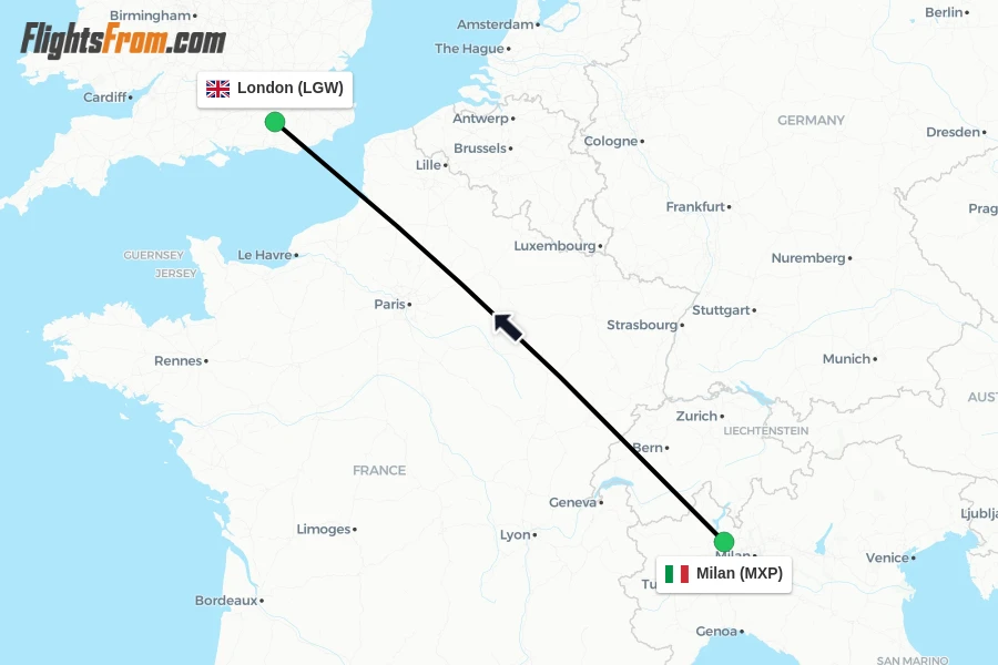 Flights from Milan to London route map