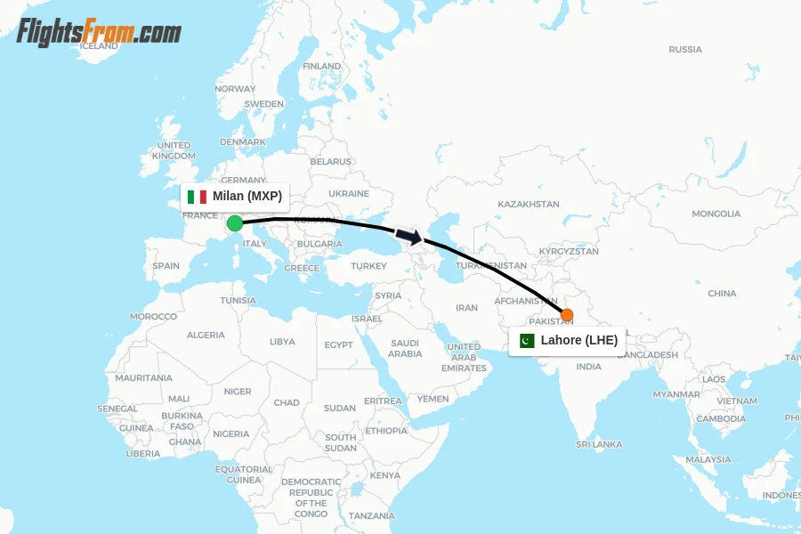 Flights from Milan to Lahore route map