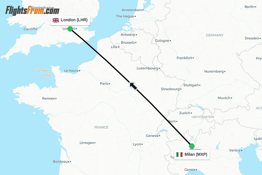 Flights from Milan to London route map