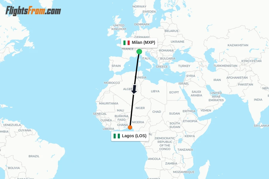 Flights from Milan to Lagos route map
