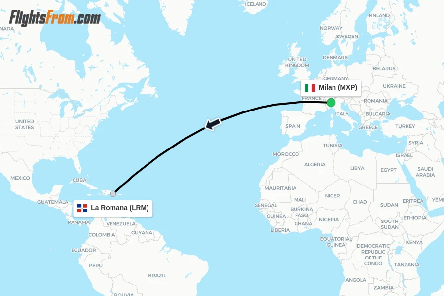 Flights from Milan to La Romana route map