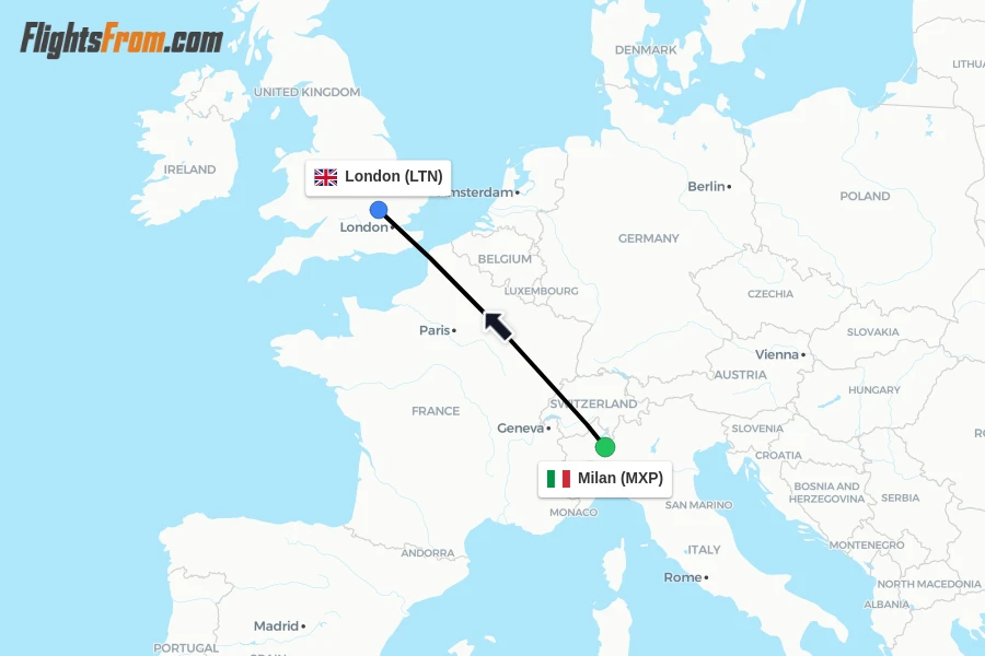 Flights from Milan to London route map