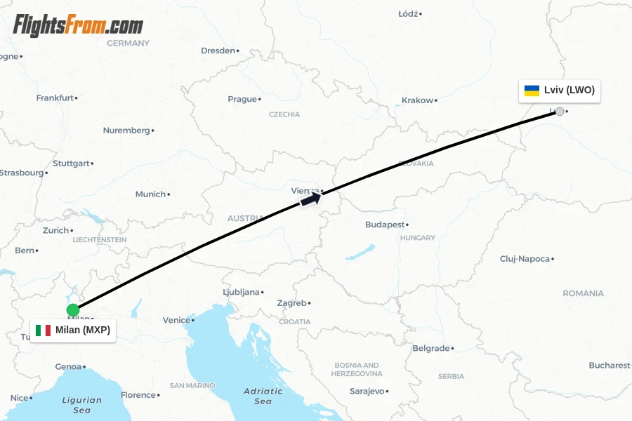 Flights from Milan to Lviv route map