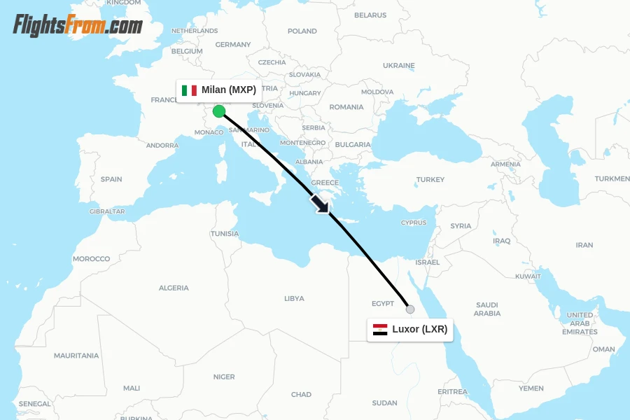 Flights from Milan to Luxor route map