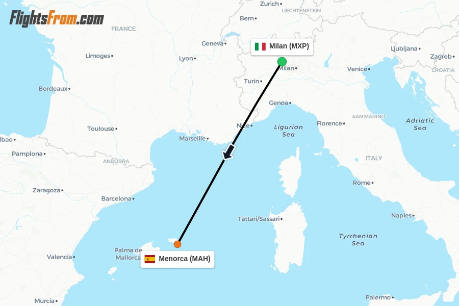 Flights from Milan to Menorca route map