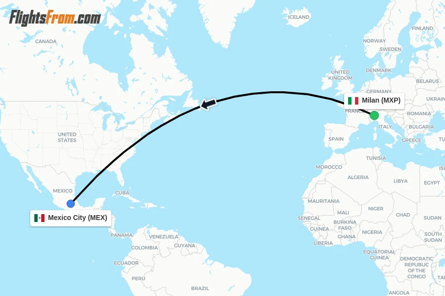 Flights from Milan to Mexico City route map