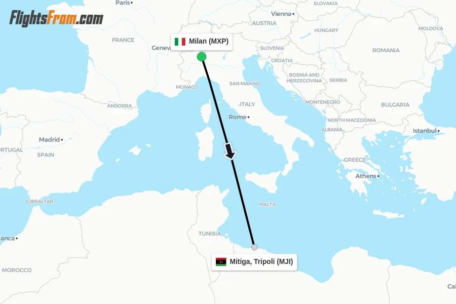 Flights from Milan to Mitiga, Tripoli route map