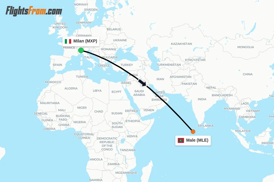 Flights from Milan to Male route map