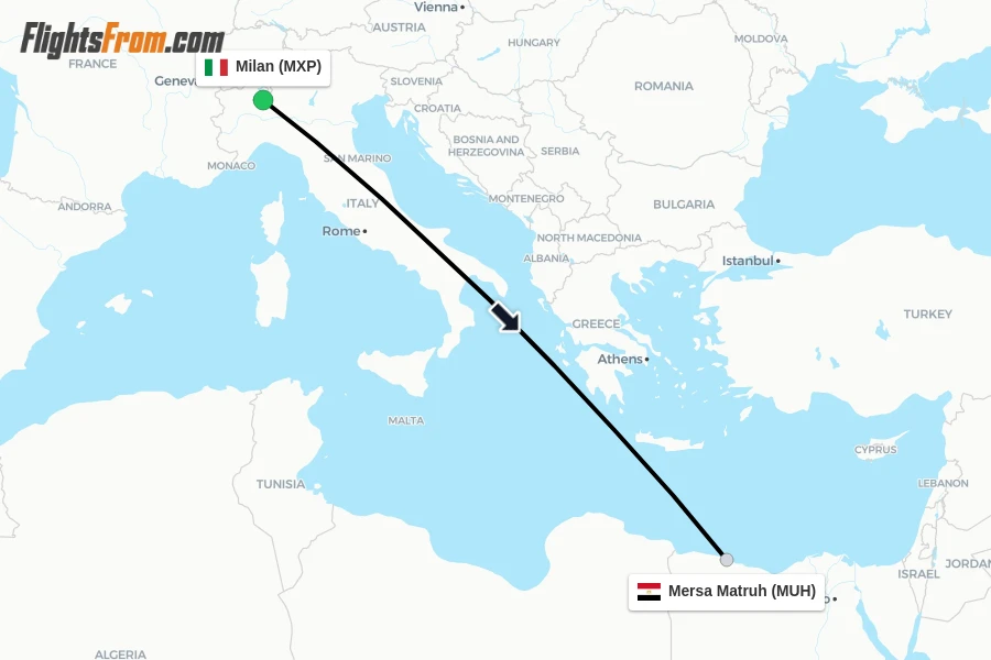 Flights from Milan to Mersa Matruh route map