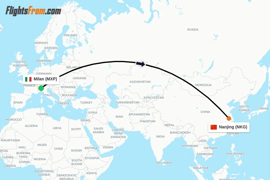 Flights from Milan to Nanjing route map