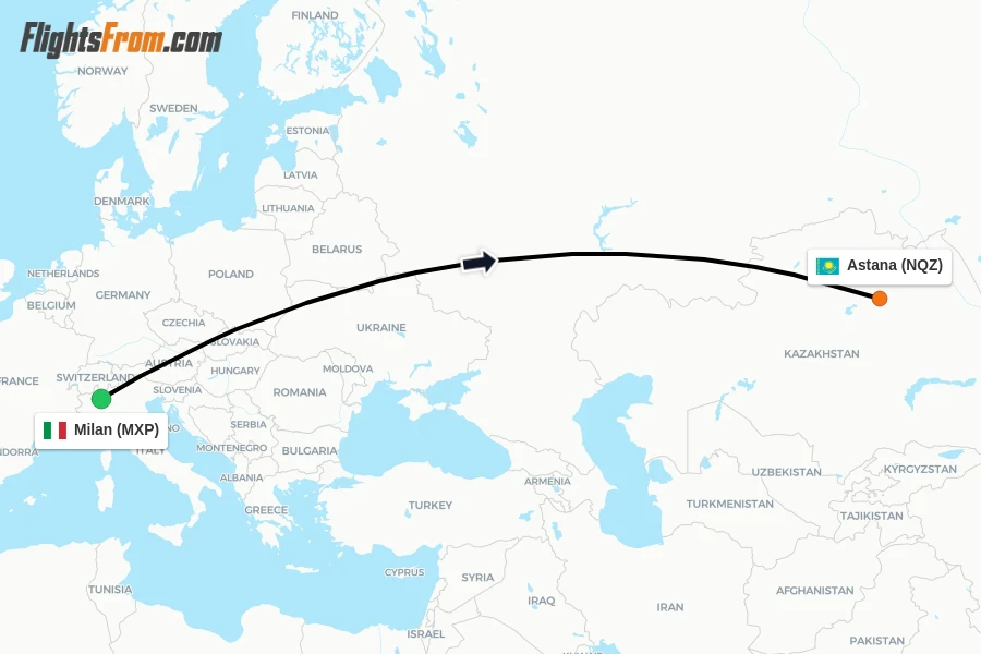 Flights from Milan to Astana route map
