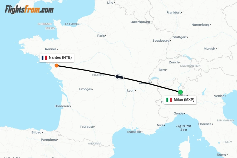 Flights from Milan to Nantes route map
