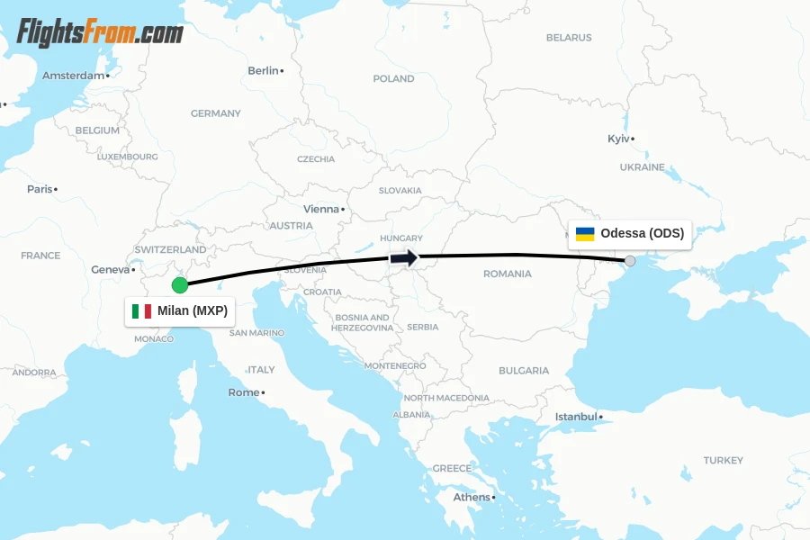 Flights from Milan to Odessa route map