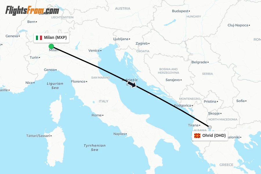 Flights from Milan to Ohrid route map