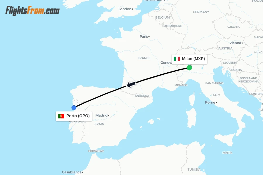 Flights from Milan to Porto route map