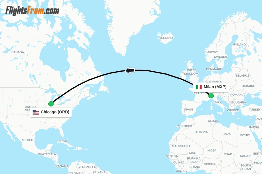 Flights from Milan to Chicago route map