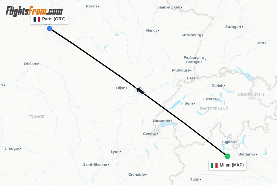 Flights from Milan to Paris route map