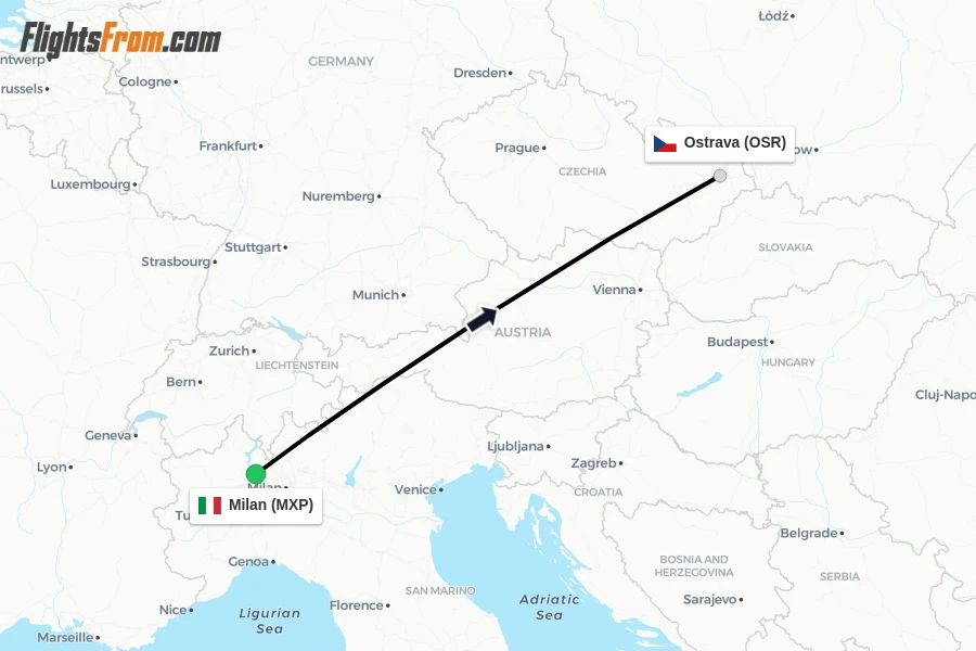 Flights from Milan to Ostrava route map