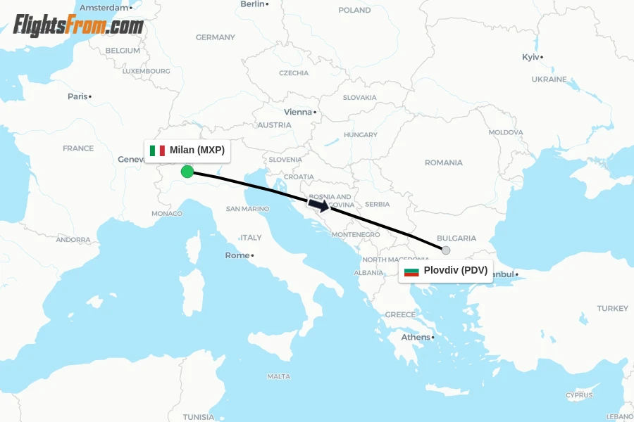 Flights from Milan to Plovdiv route map