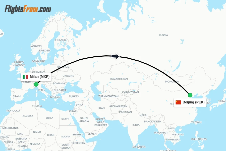 Flights from Milan to Beijing route map