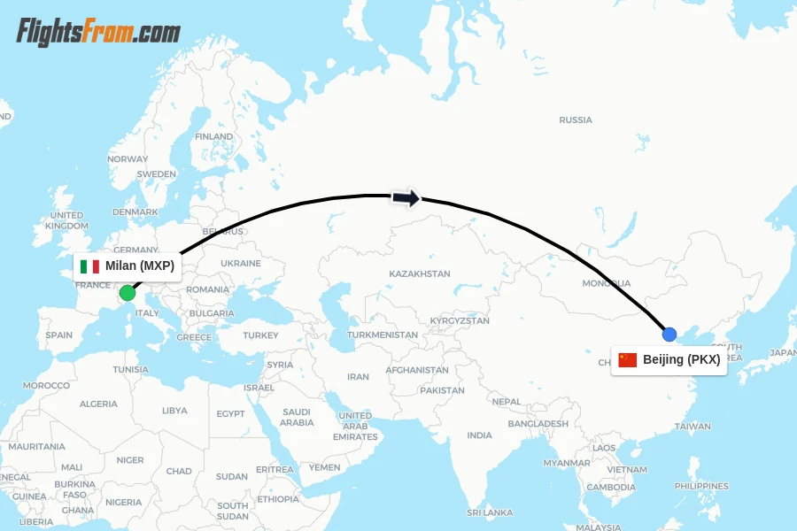 Flights from Milan to Beijing route map