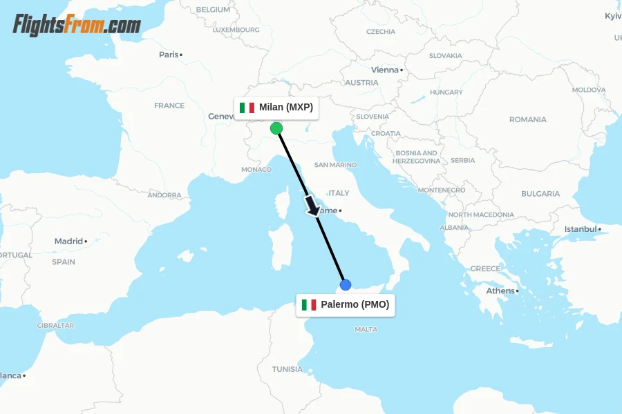 Flights from Milan to Palermo route map