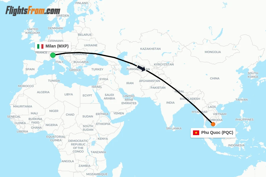 Flights from Milan to Phu Quoc route map