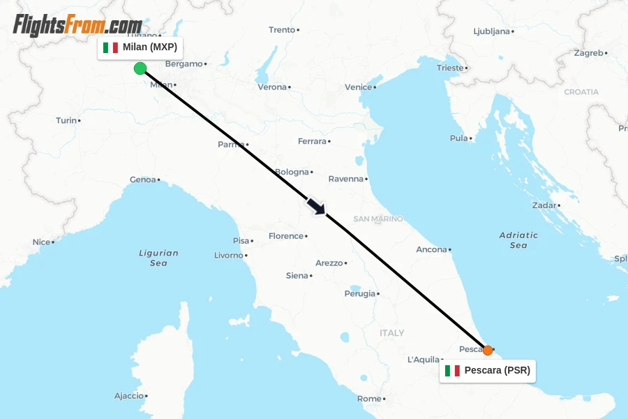 Flights from Milan to Pescara route map