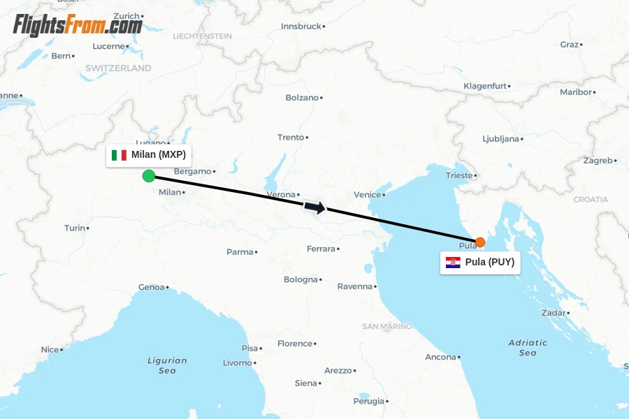 Flights from Milan to Pula route map