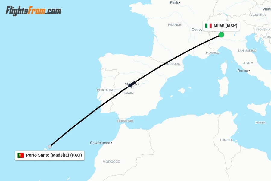 Flights from Milan to Porto Santo (Madeira) route map