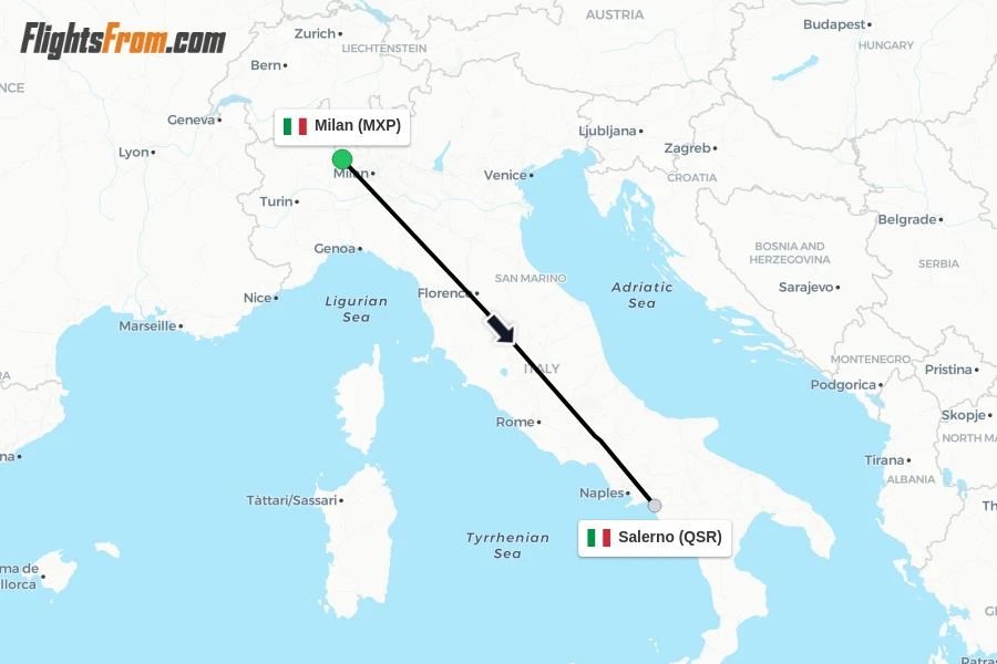 Flights from Milan to Salerno route map