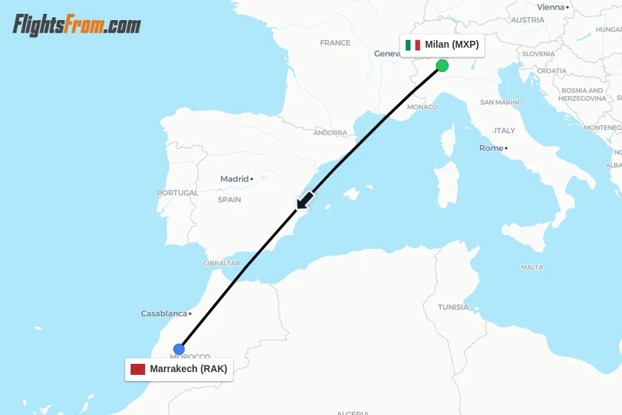 Flights from Milan to Marrakech route map