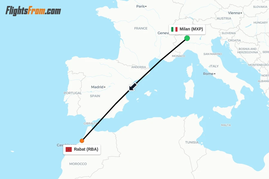 Flights from Milan to Rabat route map