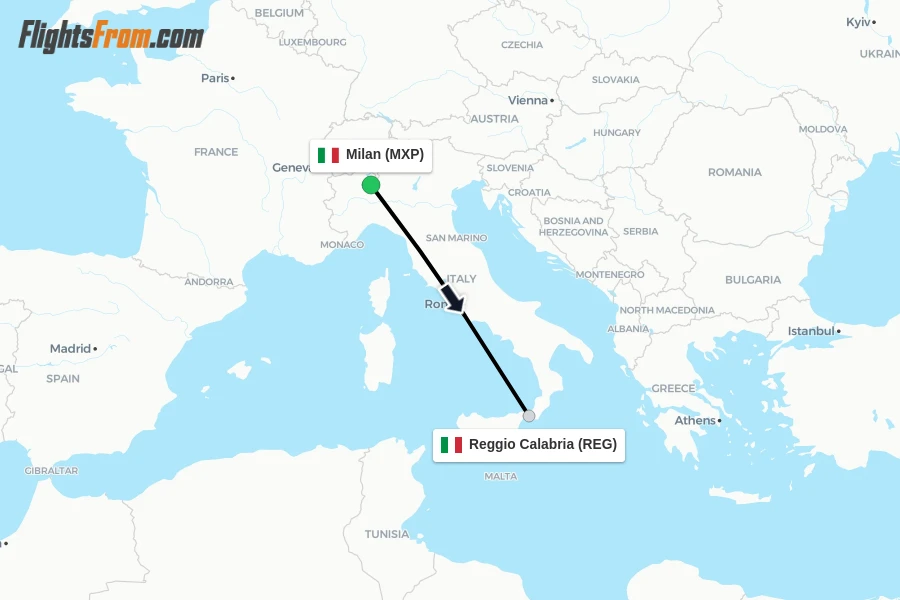 Flights from Milan to Reggio Calabria route map